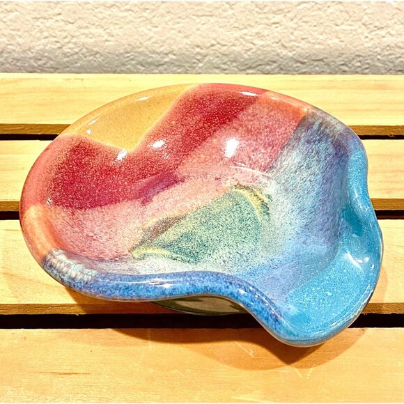 Rainbow Designed Handmade Pottery Spoon Rest Signed Kitchen Decor - Picture 1 of 6